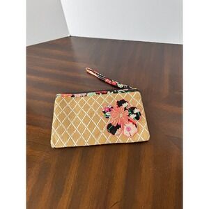 Vera Bradley Tan Diamond Pattern Wristlet Cosmetic Pouch Floral Trim